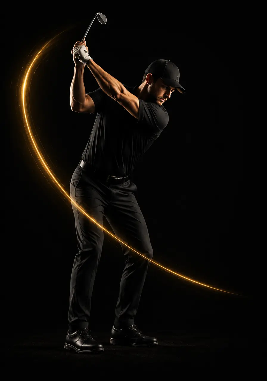 Golfer at the Top of the backswing in warm gold studio light