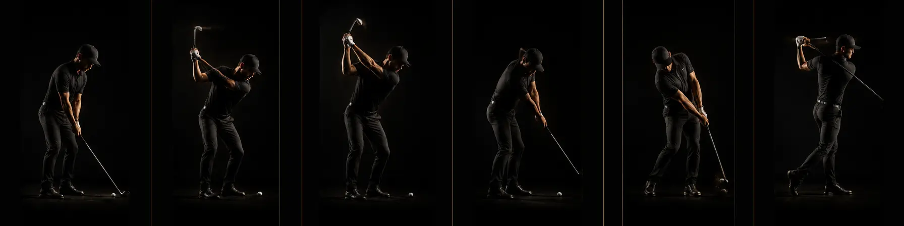 Six studio views of one golfer from Start through Follow-Through